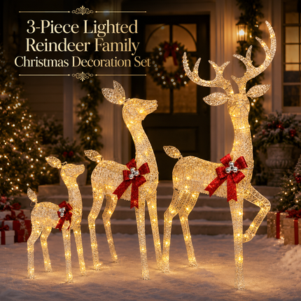 3-Piece Lighted Reindeer Family Christmas Decoration Set 210 Warm White LED Stag Doe Fawn with Solar Panel & AU Plug Detachable Champagne White Glitter Indoor Covered Outdoor Xmas Display