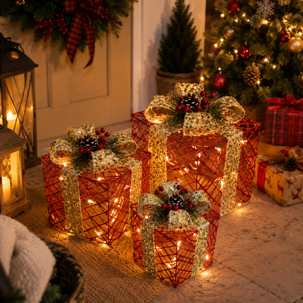 70 LED Christmas Set of 3 Lighted Gift Boxes Decorations Festive Red Pathway Decorative Boxes Christmas Tree Skirt Ornament for Garden,Holiday,Party Solar Waterproof Red Gift Boxes for Christmas