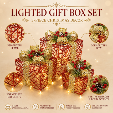 70 LED Christmas Set of 3 Lighted Gift Boxes Decorations Festive Red Pathway Decorative Boxes Christmas Tree Skirt Ornament for Garden,Holiday,Party Solar Waterproof Red Gift Boxes for Christmas