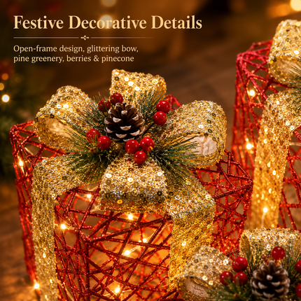 70 LED Christmas Set of 3 Lighted Gift Boxes Decorations Festive Red Pathway Decorative Boxes Christmas Tree Skirt Ornament for Garden,Holiday,Party Solar Waterproof Red Gift Boxes for Christmas