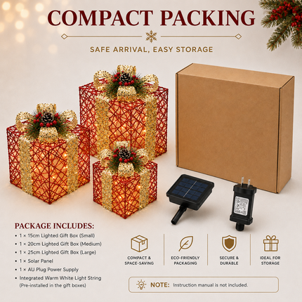70 LED Christmas Set of 3 Lighted Gift Boxes Decorations Festive Red Pathway Decorative Boxes Christmas Tree Skirt Ornament for Garden,Holiday,Party Solar Waterproof Red Gift Boxes for Christmas