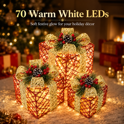 70 LED Christmas Set of 3 Lighted Gift Boxes Decorations Festive Red Pathway Decorative Boxes Christmas Tree Skirt Ornament for Garden,Holiday,Party Solar Waterproof Red Gift Boxes for Christmas