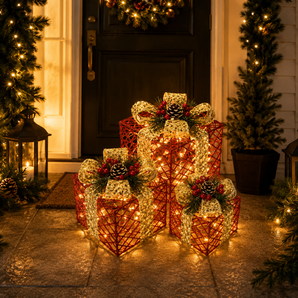 70 LED Christmas Set of 3 Lighted Gift Boxes Decorations Festive Red Pathway Decorative Boxes Christmas Tree Skirt Ornament for Garden,Holiday,Party Solar Waterproof Red Gift Boxes for Christmas