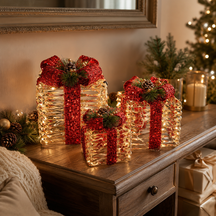 70 LED Christmas Lighted Gift Boxes Set of 3 Champagne Gold Outdoor Xmas Decor