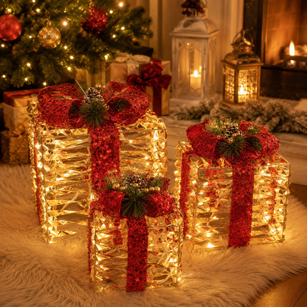 70 LED Christmas Lighted Gift Boxes Set of 3 Champagne Gold Outdoor Xmas Decor
