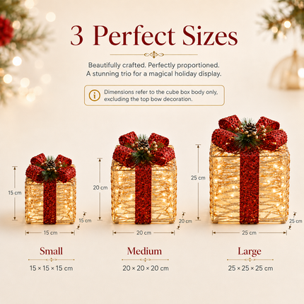 70 LED Christmas Lighted Gift Boxes Set of 3 Champagne Gold Outdoor Xmas Decor