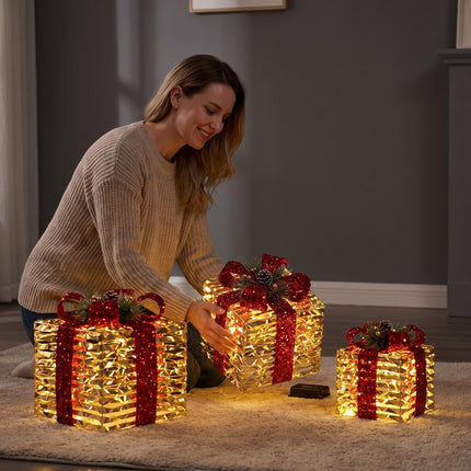 70 LED Christmas Lighted Gift Boxes Set of 3 Champagne Gold Outdoor Xmas Decor