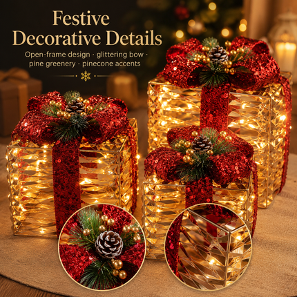 70 LED Christmas Lighted Gift Boxes Set of 3 Champagne Gold Outdoor Xmas Decor