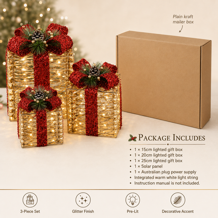 70 LED Christmas Lighted Gift Boxes Set of 3 Champagne Gold Outdoor Xmas Decor