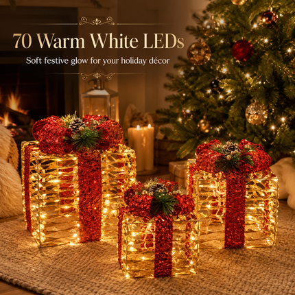 70 LED Christmas Lighted Gift Boxes Set of 3 Champagne Gold Outdoor Xmas Decor