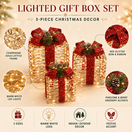 70 LED Christmas Lighted Gift Boxes Set of 3 Champagne Gold Outdoor Xmas Decor