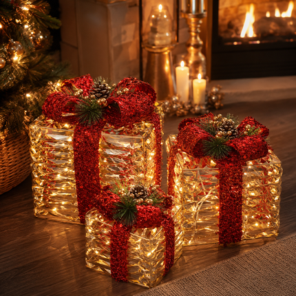 70 LED Christmas Lighted Gift Boxes Set of 3 Champagne Gold Outdoor Xmas Decor