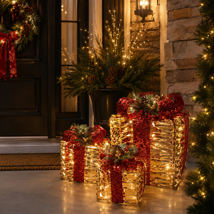 70 LED Christmas Lighted Gift Boxes Set of 3 Champagne Gold Outdoor Xmas Decor
