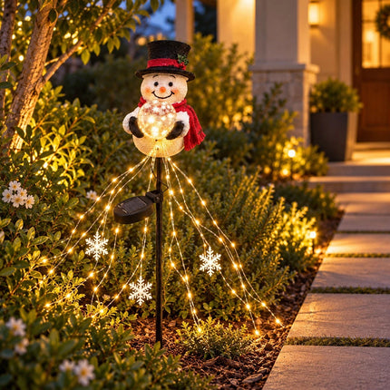 Snowman Magic Fountain with Cascading Stars Solar Garden Stake Christmas Decor
