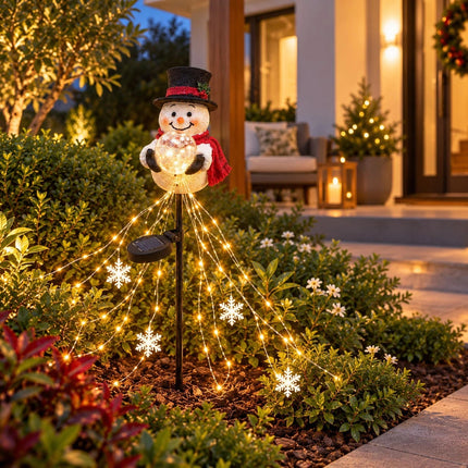 Snowman Magic Fountain with Cascading Stars Solar Garden Stake Christmas Decor