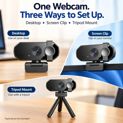 2K USB Webcam for PC Laptop Autofocus Camera Dual Mic Privacy Cover Video Calls