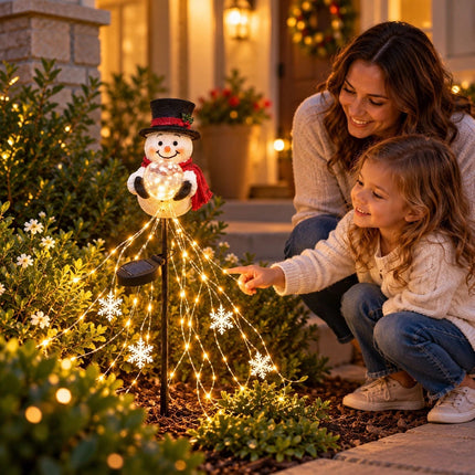 Snowman Magic Fountain with Cascading Stars Solar Garden Stake Christmas Decor