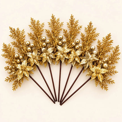 6Pcs Christmas Tree Branch Picks Artificial Poinsettia Floral Spray Xmas Wreath Gold
