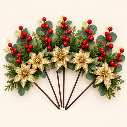 6Pcs Christmas Tree Branch Picks Artificial Poinsettia Floral Spray Xmas Wreath Green