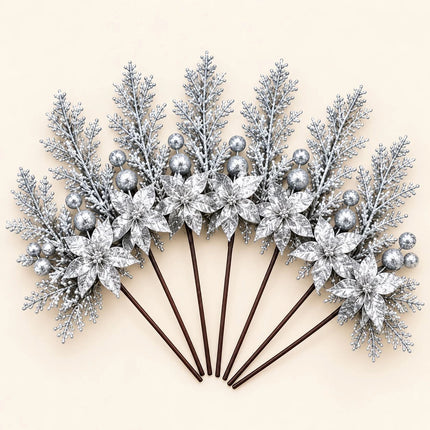 6Pcs Christmas Tree Branch Picks Artificial Poinsettia Floral Spray Xmas Wreath Silver