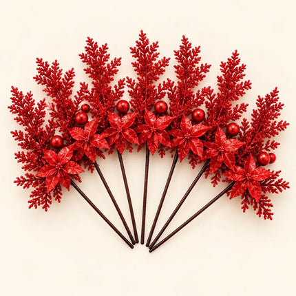 6Pcs Christmas Tree Branch Picks Artificial Poinsettia Floral Spray Xmas Wreath Red
