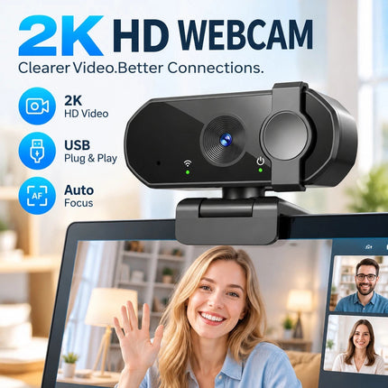 2K USB Webcam for PC Laptop Autofocus Camera Dual Mic Privacy Cover Video Calls