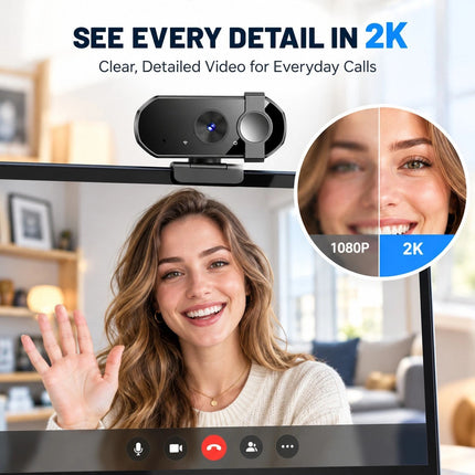 2K USB Webcam for PC Laptop Autofocus Camera Dual Mic Privacy Cover Video Calls