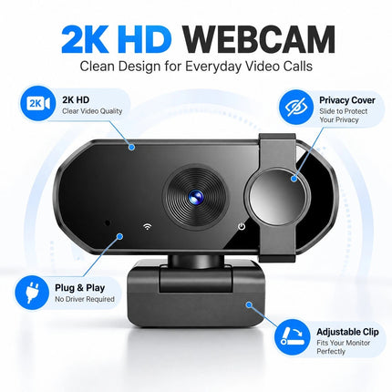 2K USB Webcam for PC Laptop Autofocus Camera Dual Mic Privacy Cover Video Calls