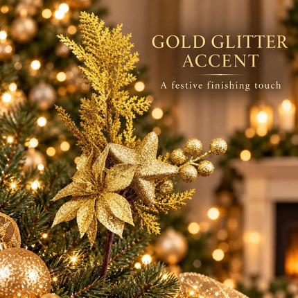 6Pcs Christmas Tree Branch Picks Artificial Poinsettia Floral Spray Xmas Wreath Gold