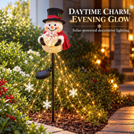 Snowman Magic Fountain with Cascading Stars Solar Garden Stake Christmas Decor