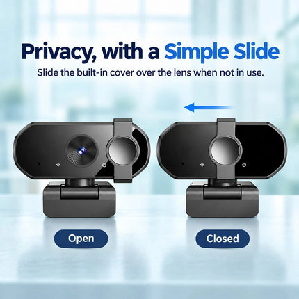 2K USB Webcam for PC Laptop Autofocus Camera Dual Mic Privacy Cover Video Calls