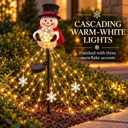 Snowman Magic Fountain with Cascading Stars Solar Garden Stake Christmas Decor