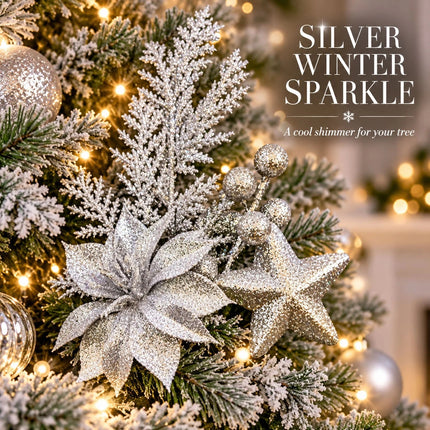 6Pcs Christmas Tree Branch Picks Artificial Poinsettia Floral Spray Xmas Wreath Silver