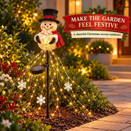 Snowman Magic Fountain with Cascading Stars Solar Garden Stake Christmas Decor