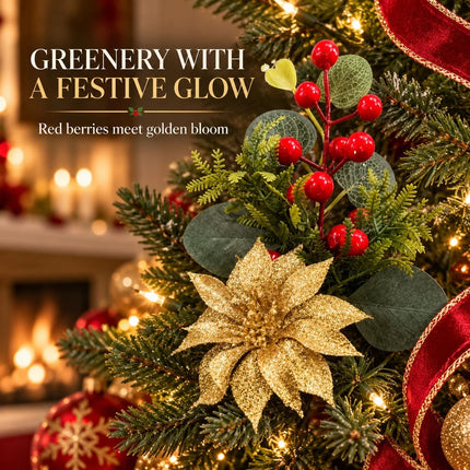 6Pcs Christmas Tree Branch Picks Artificial Poinsettia Floral Spray Xmas Wreath Green