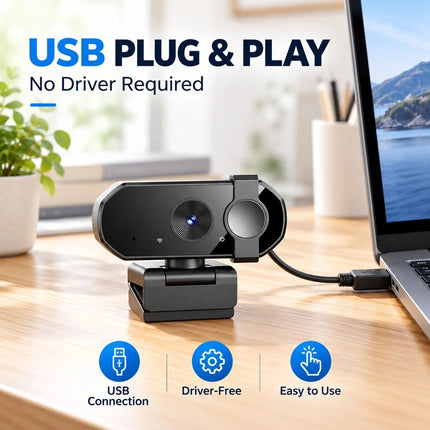 2K USB Webcam for PC Laptop Autofocus Camera Dual Mic Privacy Cover Video Calls