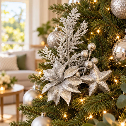 6Pcs Christmas Tree Branch Picks Artificial Poinsettia Floral Spray Xmas Wreath Silver