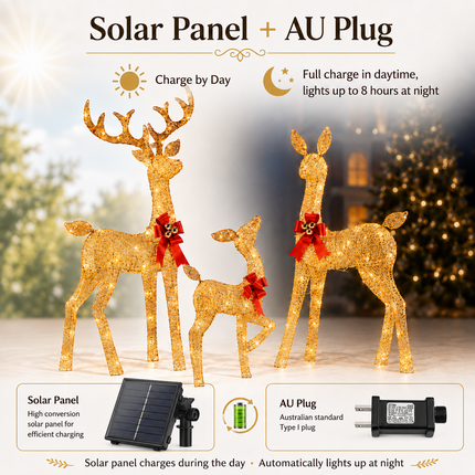 3-Piece Champagne Gold Lighted Reindeer Family Christmas Decoration 210 Warm White LED Metal Stag Doe Fawn Set Dual Powered by Solar Panel or AU Plug IPX4 Waterproof Outdoor Christmas Deer Decorations for Yard Lawn Garden