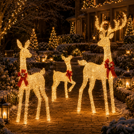 3-Piece Champagne Gold Lighted Reindeer Family Christmas Decoration 210 Warm White LED Metal Stag Doe Fawn Set Dual Powered by Solar Panel or AU Plug IPX4 Waterproof Outdoor Christmas Deer Decorations for Yard Lawn Garden