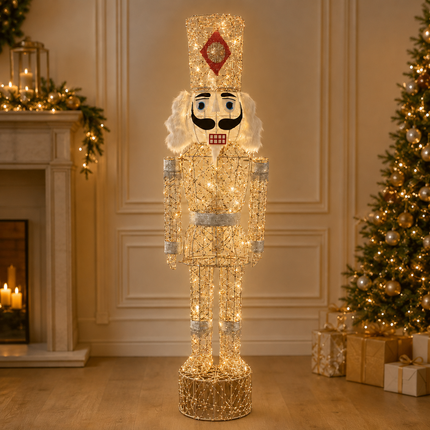 150cm Champagne Gold Lighted Christmas Nutcracker Soldier Metal Plug-In LED Standing Xmas Decoration with 2m Power Cord for Home Entryway Living Room Shopfront and Holiday Display