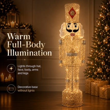 150cm Champagne Gold Lighted Christmas Nutcracker Soldier Metal Plug-In LED Standing Xmas Decoration with 2m Power Cord for Home Entryway Living Room Shopfront and Holiday Display