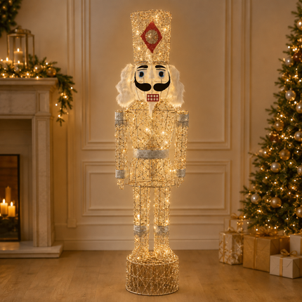 150cm Champagne Gold Lighted Christmas Nutcracker Soldier Metal Plug-In LED Standing Xmas Decoration with 2m Power Cord for Home Entryway Living Room Shopfront and Holiday Display