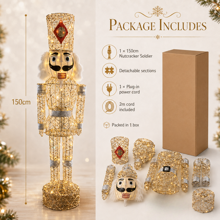 150cm Champagne Gold Lighted Christmas Nutcracker Soldier Metal Plug-In LED Standing Xmas Decoration with 2m Power Cord for Home Entryway Living Room Shopfront and Holiday Display