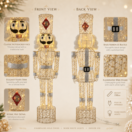 150cm Champagne Gold Lighted Christmas Nutcracker Soldier Metal Plug-In LED Standing Xmas Decoration with 2m Power Cord for Home Entryway Living Room Shopfront and Holiday Display