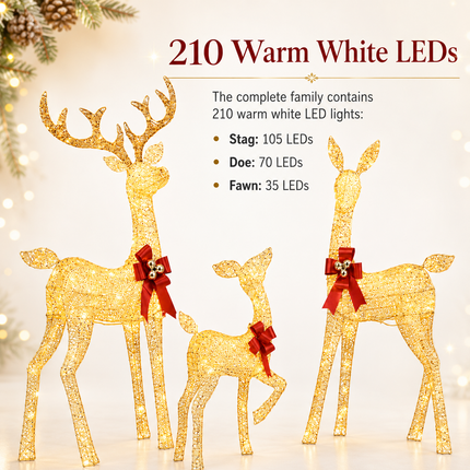 3-Piece Champagne Gold Lighted Reindeer Family Christmas Decoration 210 Warm White LED Metal Stag Doe Fawn Set Dual Powered by Solar Panel or AU Plug IPX4 Waterproof Outdoor Christmas Deer Decorations for Yard Lawn Garden