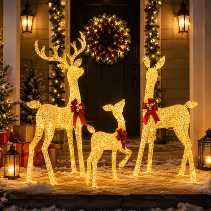 3-Piece Champagne Gold Lighted Reindeer Family Christmas Decoration 210 Warm White LED Metal Stag Doe Fawn Set Dual Powered by Solar Panel or AU Plug IPX4 Waterproof Outdoor Christmas Deer Decorations for Yard Lawn Garden