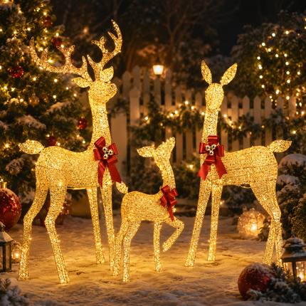 3-Piece Champagne Gold Lighted Reindeer Family Christmas Decoration 210 Warm White LED Metal Stag Doe Fawn Set Dual Powered by Solar Panel or AU Plug IPX4 Waterproof Outdoor Christmas Deer Decorations for Yard Lawn Garden