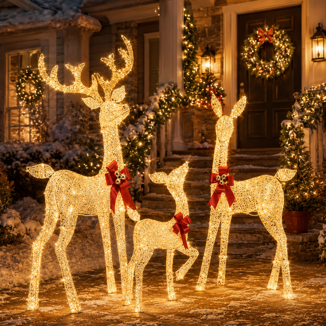 3-Piece Champagne Gold Lighted Reindeer Family Christmas Decoration 210 Warm White LED Metal Stag Doe Fawn Set Dual Powered by Solar Panel or AU Plug IPX4 Waterproof Outdoor Christmas Deer Decorations for Yard Lawn Garden