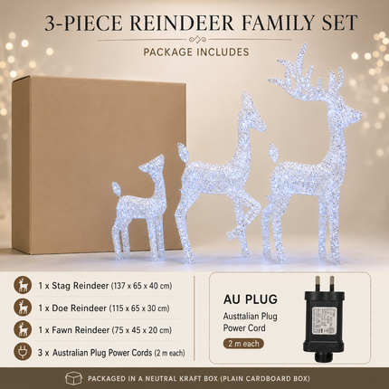 3-Piece Lighted White Christmas Reindeer Family  Detachable LED Stag Doe Fawn Set with Champagne Glitter Plug-In LED Standing Reindeer Xmas Decoration for Home, Entryway, Living Room, Shopfront and Holiday Display