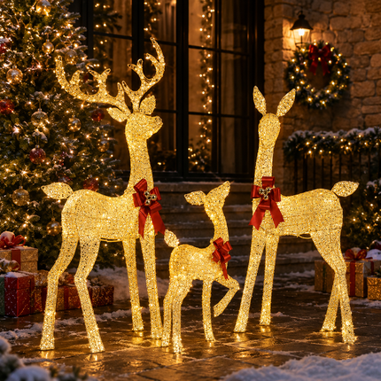3-Piece Champagne Gold Lighted Reindeer Family Christmas Decoration 210 Warm White LED Metal Stag Doe Fawn Set Dual Powered by Solar Panel or AU Plug IPX4 Waterproof Outdoor Christmas Deer Decorations for Yard Lawn Garden